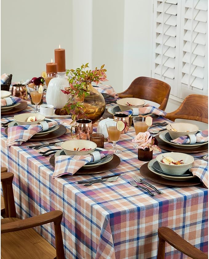 Solino Home Linen Tablecloth 60 x 108 Inch - 100% Pure Linen Plaid Fall Multicolor Table Cloth for Rectangle Tables - Thanksgiving, Autumn, Fall Flavors Madras, Machine Washable Tablecloth