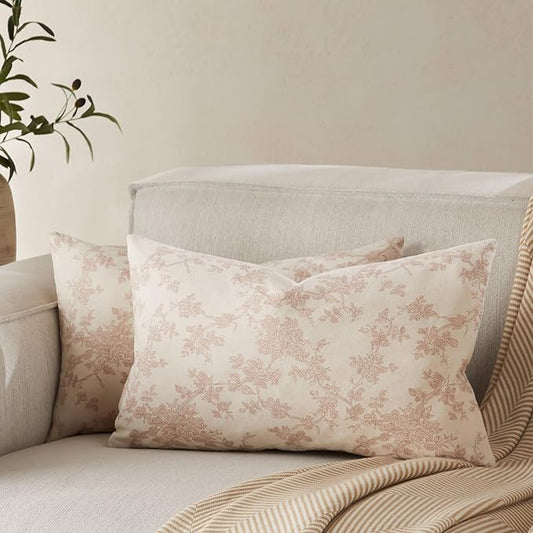 100% Cotton French Pastoral Lumbar Throw Pillow Covers Set of 2, 12x20 Inch Taupe Farmhouse Decorative Cushion Covers for Sofa Bed Living Room Home Decor