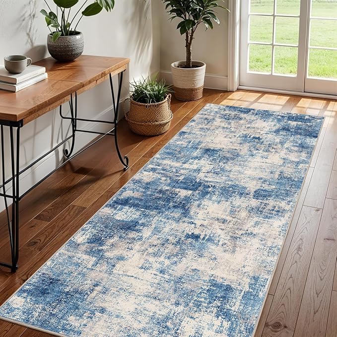2.6x8 Modern Abstract Rug Washable Area Rugs for Living Room Bedroom Dining Room Non-Slip Low Pile Neutral Large Rug Soft Indoor Floor Carpet, Blue