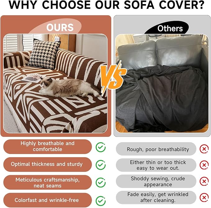 VClife Boho Couch Cover Soft Thick Chenille Couch Covers for Sectional Sofa, Bohemian Jacquard Couch Cover for 2 Cushion Couch Sofa Washable Breathable Furniture Protector, Chocolate, 71"x118"
