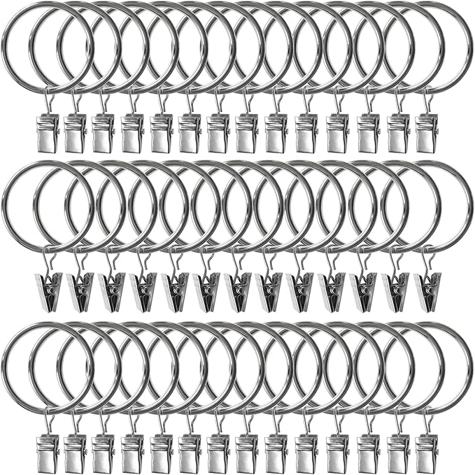 100 Pack Metal Curtain Rings with Clips, Drapery Clips Hooks, Decorative Curtain Rod Clips 1.5 in Interior Diameter, Silver