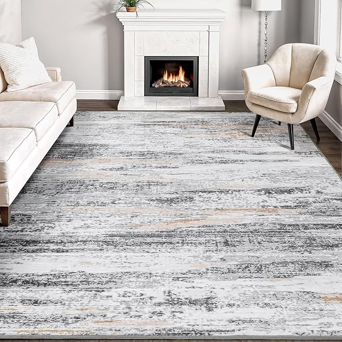 Rugflix 8x10 Large Area Rugs, Abstract Washable Rug for Living Room, Soft Low Pile Carpet, Non-Slip, Stain Resistant, Neutral Beige Grey Indoor Rug for Bedroom, Dining Room, Home Office