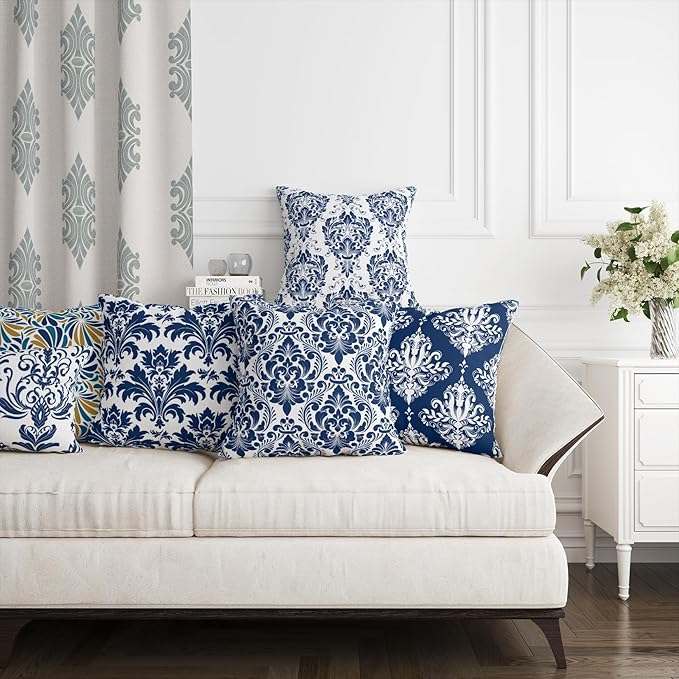 LOVOUS Navy Blue and White Damask Throw Pillow Covers 18x18 Inch Set of 2, Vintage Linen Decorative Pillow Covers for Bed Couch Sofa Bedroom Living Room Home Decor, B37