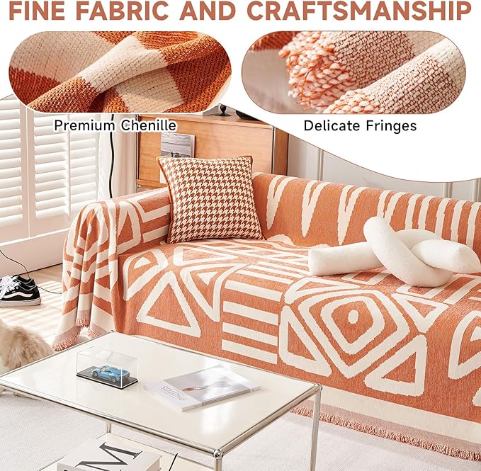 VClife Boho Couch Cover Thick Soft Chenille Sofa Covers for Sectional Couch, Bohemian Couch Covers for 3 Cushion Couch Sofa Washable Multi-Functional Furniture Protector, Caramel, 71''x150''