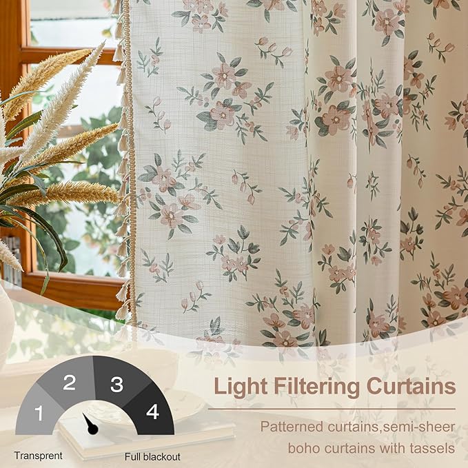 OYX Pink Boho Floral Window Curtains 84 Inch Long 2 Panels, French Vintage Farmhouse Vintage Country Rustic Tassels Printed Drapes for Living Room Bedroom, Rod Pocket Light Filtering Decor Aesthetic