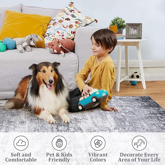 6x9 Modern Abstract Area Rug Non Slip Non Shedding Low Pile Stain Resistant Rug Soft Carpet for Bedroom Living Room, Light Grey