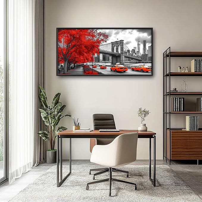 Brooklyn Bridge Large Wall Art Black and White Framed Red Wall Decor for Living Room New York City Pictures Oversized Canvas Print Painting Modern Extra Large Artwork for Bedroom Office 60"x30"