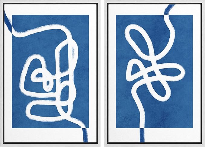 SIGNWIN Framed Wall Art Print Set White Line Contrasting Blue Backround Abstract Swirly Digital Art Modern Art Mid-Century Modern Expressive for Living Room, Bedroom, Office - 24"x36"x2 White