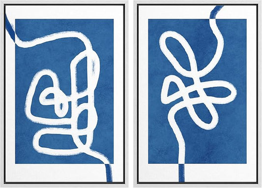 SIGNWIN Framed Wall Art Print Set White Line Contrasting Blue Backround Abstract Swirly Digital Art Modern Art Mid-Century Modern Expressive for Living Room, Bedroom, Office - 16"x24"x2 White