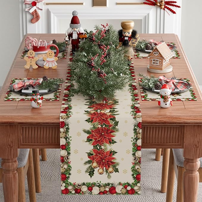 XCHI Christmas Poinsettias Leaves Bells Snowflakes Winter Xmas Table Runner Table Decoration for Home Kitchen Dining Holiday Decor 13x60 Inch