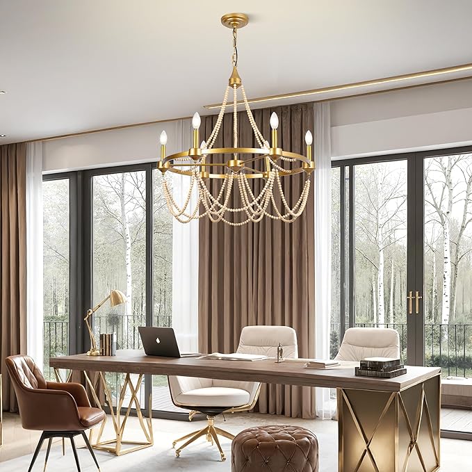 COCOSTAR Elegant Beaded Chandeliers for Dining Room,28 Inch Gold Wagon Wheel Light Fixture,Farmhouse Modern Chandelier for Coastal Bohemia Room,6xE12