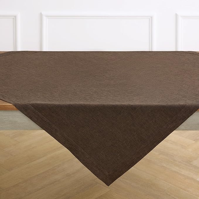Solino Home Linen Square Tablecloth 52 x 52 Inch - 100% Pure Linen Chambray Brown Table Throw - Athena, Machine Washable Tablecloth for Fall, Autumn, Thanksgiving