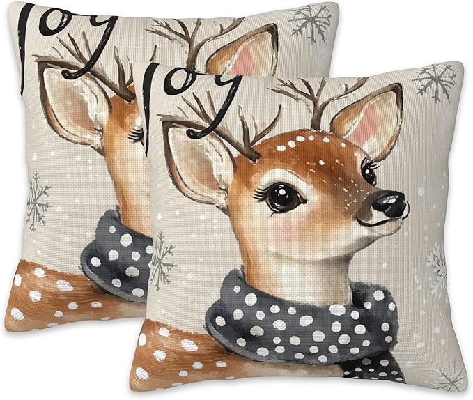 Christmas Pillow Covers 18X18, Christmas Deer Joy Decorative Throw Pillow Covers, Winter Snowflake Deer Pillow Cover Pillowcase Cushion Case for Home Sofa Couch Indoor Outdoor Set of 2
