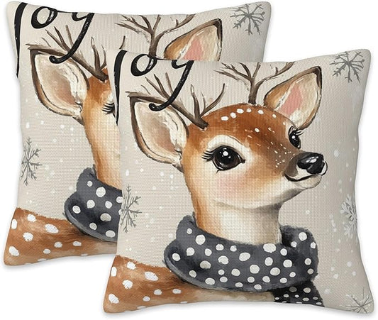 Christmas Pillow Covers 18X18, Christmas Deer Joy Decorative Throw Pillow Covers, Winter Snowflake Deer Pillow Cover Pillowcase Cushion Case for Home Sofa Couch Indoor Outdoor Set of 2