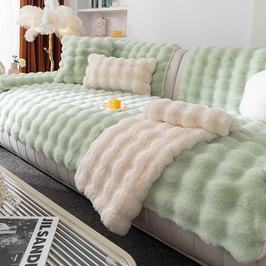 Faux Fur Couch Cover, Soft Warm Plush Sofa Couch Cover, Non Slip Sectional Sofa Slipcovers for L Shaped, Washable Furniture Protector for Kids, Dogs(Green, 36"×83")