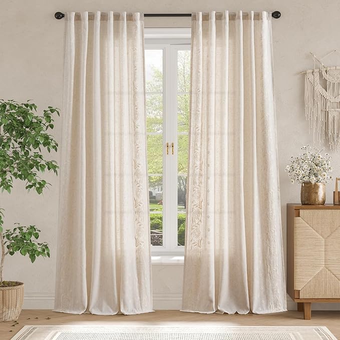 jinchan Winslow Linen Curtains for Bedroom 108 Inches Length Embroidered Bordered Floral Curtains for Living Room Farmhouse Decor Light Filtering Window Treatments Ivory on Beige Drapes 2 Panels