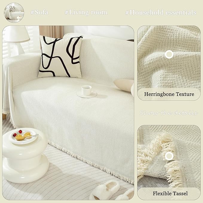 DREAMINGO Modern Minimalism Couch Cover Pets Loveseat Protector Cream White Chenille Sofa Covers for Sectional 3 Seat Couch Boho Herringbone Furniture Cover Throw Sofa Slipcover, 71"x118"
