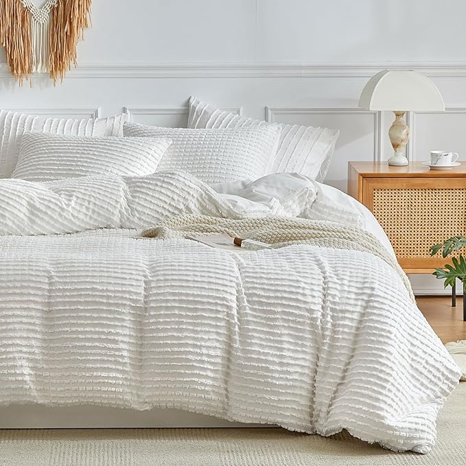 WARMDERN Boho Duvet Cover Set Twin Size,White Striped Duvet Cover Microfiber Bedding Set,2PCS Ultra Soft Breathable Lightweight Tuft Texture Pattern Duvet Covers with Zipper Closure(White,Twin)