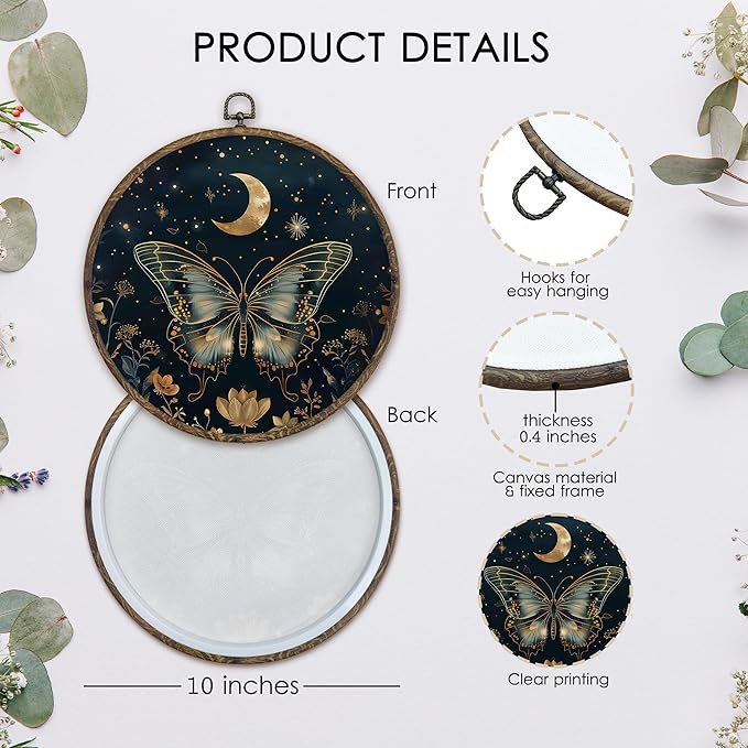KFXHANGD Gothic Butterfly Moth Round Wall Art Framed, Witchy Butterfly Canvas Wall Art Decor, Mystical Moth Hanging Decor for Bathroom Bedroom Living Room, 10x10inch
