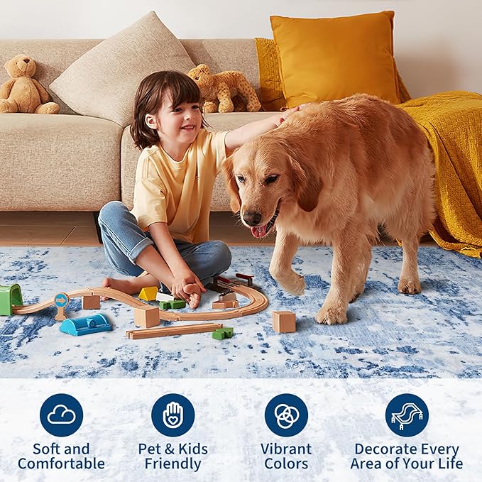 Modern Abstract 2x7 Runner Rug Washable Non Slip Stain Resistant Rug for Hallway Kitchen Bedroom Non Shedding Low Pile Indoor Floor Cover,Light Blue