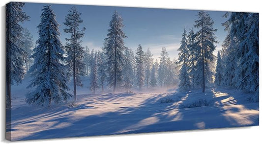 GUTTATY Christmas Winter Scene Canvas Wall Art, Snowy Forest Wall Decor, Serene Pine Tree Canvas Painting, Peaceful Pictures for Living Room, Bedroom, Office, Holiday Decoration, 24x12 Inch