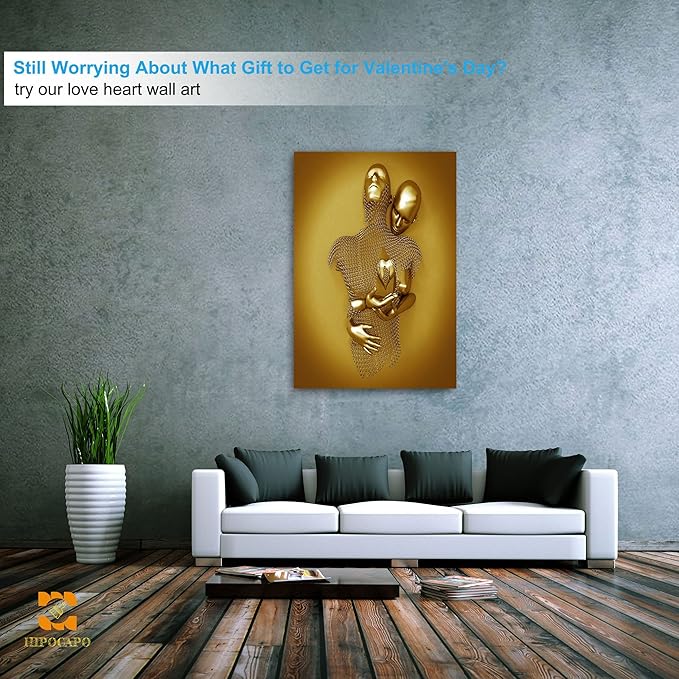 3D Wall Art- Love Heart 3D Metal Canvas Art, Gold Modern Abstract Hug Lovers Painting Picture Poster Prints for Bathroom, Romantic Couple Living Room Canvas Wall Art Framed 32”x48”x1Pcs