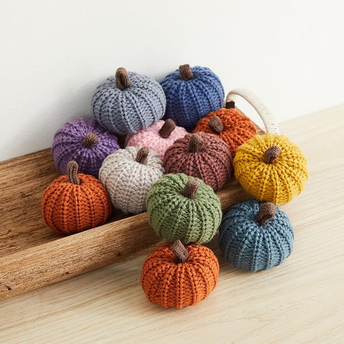 Mini knit pumpkins set of 12 warm pumpkin colors for bowl fillers, shelf décor accent, table setting for autumn entertaining, hostess gift everyday, fall wedding centerpiece (Mini Assorted Set 12)