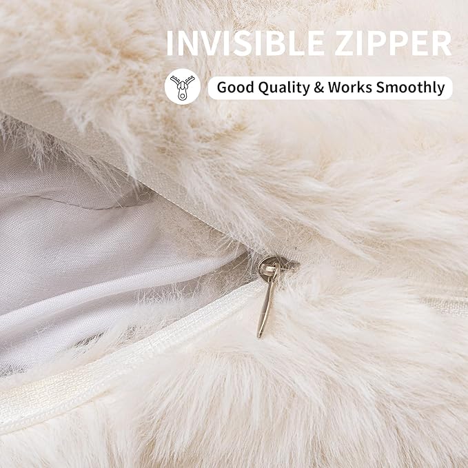 Faux Fur Throw Pillow Covers(Pack of Two, Beige White) 18×20 Inch Decorative Pillows Cover Neutral Soft Chenille Couch Pillows with Zipper Aesthetic for Living Room and Bedroom