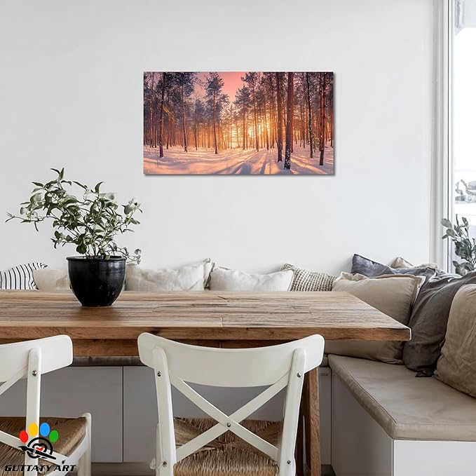 GUTTATY Christmas Winter Scene Canvas Wall Art, Snowy Forest Canvas Prints, Tranquil Sunrise Pine Forest Wall Hanging Artwork, Nature Landscape Poster for Living Room, Bedroom, 40x20 Inch