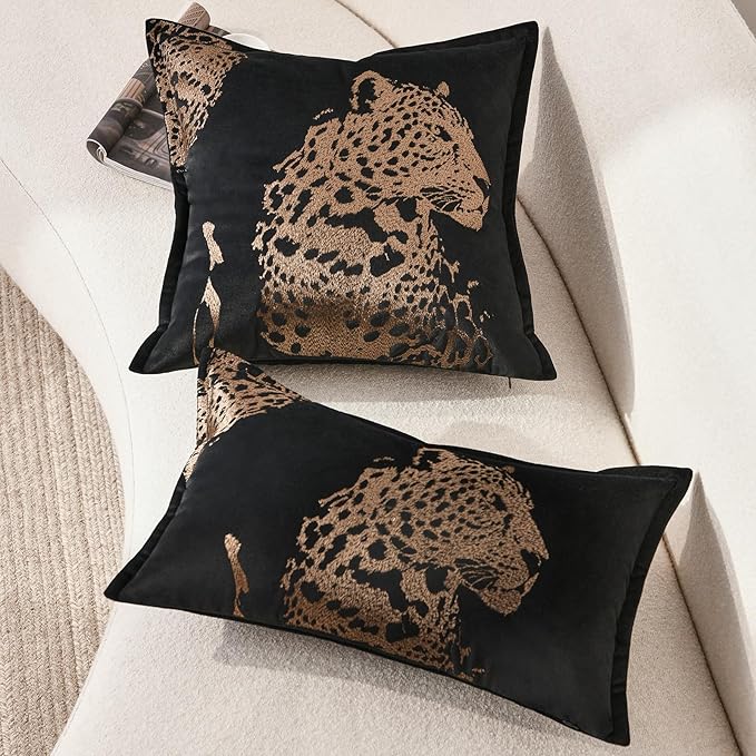 Decorative Lumbar Throw Pillow Cover 12x20'', Velvet Gold Cheetah Embroidered Throw Pillows, Modern Accent Pillow Cover for Bed Couch Sofa Bedroom Living Room