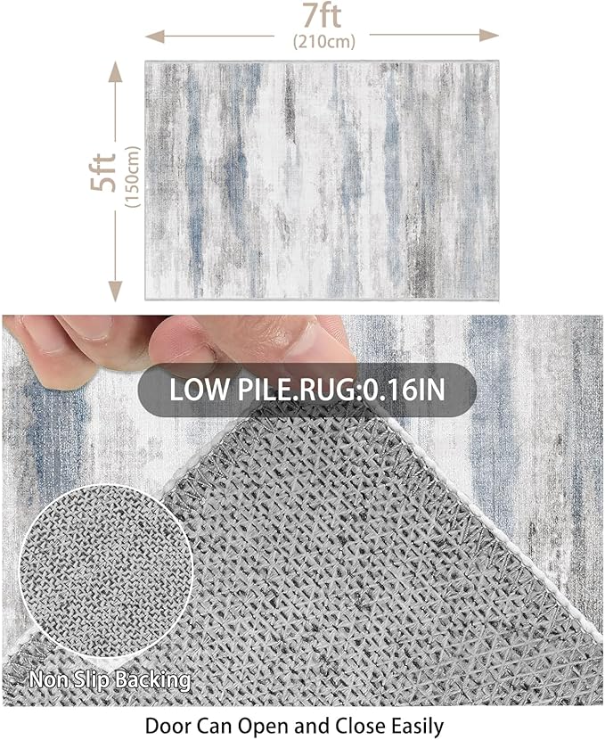 Enkor Area Rugs 5x7 Washable Non Slip Abstract Soft Rugs for Living Room Bedroom, Modern Mat for Kitchen Entryway Blue & Grey
