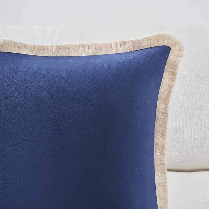 MONDAY MOOSE Decorative Throw Pillow Covers Cushion Cases, Set of 2 Soft Velvet Modern Fringe Tassel Designs, Mix and Match for Home Decor, Pillow Inserts Not Included (Midnight Blue, 18x18 inch)