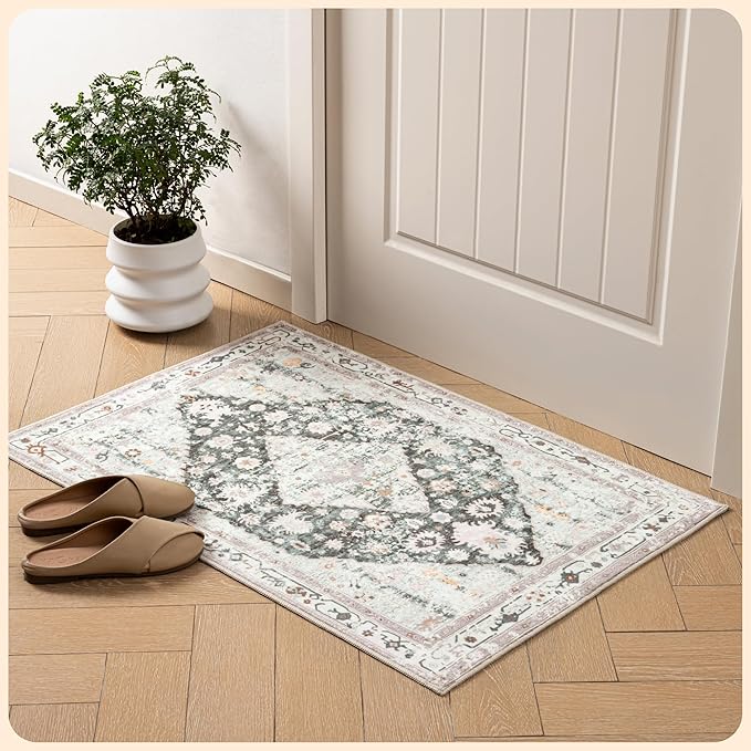 Istana 2x3 Area Rug - Light Green/Beige Boho Rugs for Living Room 2x3 - Foldable Small Rugs for Bedroom - Stain Resistant Washable Rug Non Slip - Eco-Friendly Area Rugs Indoor
