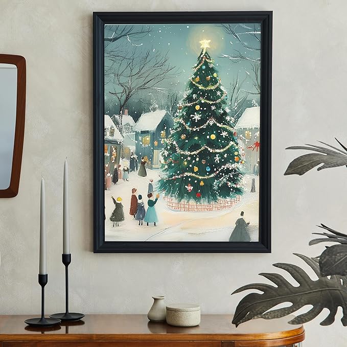 OZCONO Retro Christmas Tree Art, Winter Village Holiday Print, Cozy Seasonal Wall Artwork, Cute and Whimsical Noel Home Decor Idea, Winter Holiday Modern Farmhouse Decoration (Unframed) (24x36)
