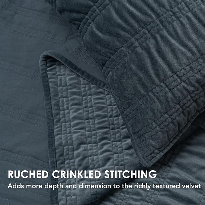 EVERGRACE Velvet Quilt Queen Size, Luxury Velvet Bedding Set, Ultra Soft Ruched Quilt Sets, Lightweight Comforter Vintage Textured Bedspread Coverlet with 2 Shams for All Season, Stormy Blue