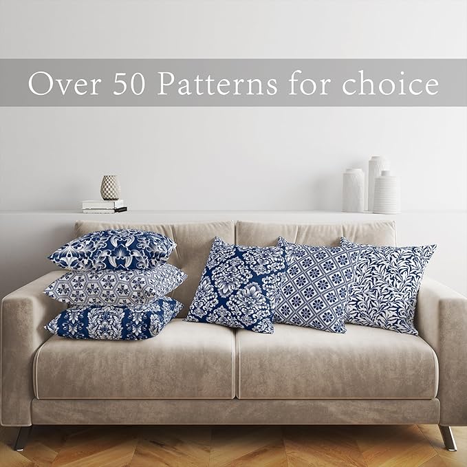LOVOUS Navy Blue and White Damask Throw Pillow Covers 18x18 Inch Set of 2, Vintage Linen Decorative Pillow Covers for Bed Couch Sofa Bedroom Living Room Home Decor, B14