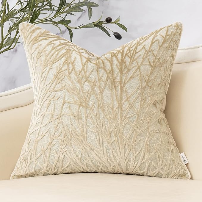 Yangest Beige Twigs Throw Pillow Cover Branches Velvet Cushion Case Neutral Pillowcase for Sofa Couch Bedroom Living Room Home Decor,18x18 Inch