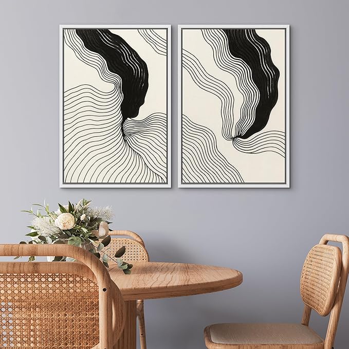 SIGNWIN Framed Canvas Print Wall Art Set Abstract Black Line Flow Minimalist Modern Art Minimal Boho Relax/Calm for Living Room, Bedroom, Office - 16"x24"x2 White