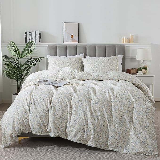 HoneiLife Floral Duvet Cover King - 100% Cotton Comforter Cover, Soft & Breathable Bedding Duvet Cover Sets with Zipper Closure & Corner Ties, 3-PC Wildflower Comforter Cover Sets, Early Summer