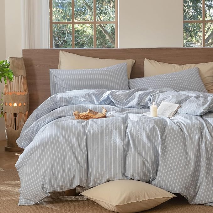 MooMee Striped Duvet Cover Set 100% Washed Cotton Linen Like Textured Breathable Durable Soft Comfy (Cornflower Blue White Wide Stripes, Super Queen 90"x98")