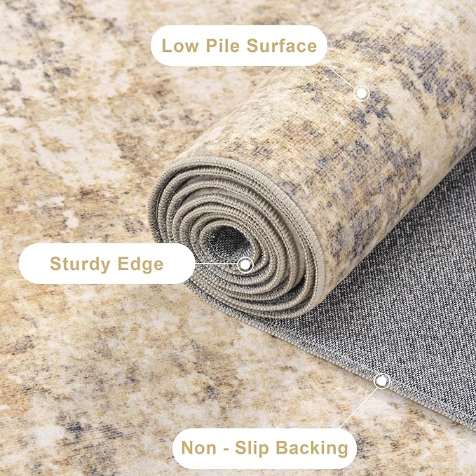 2.6x8 Modern Abstract Rug Washable Area Rugs for Living Room Bedroom Dining Room Non-Slip Low Pile Neutral Large Rug Soft Indoor Floor Carpet, Gold