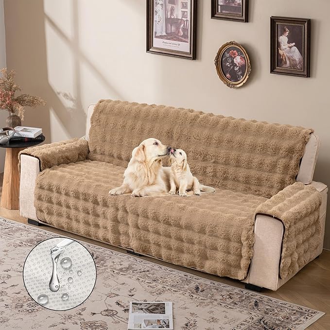 Plush and Fuzzy Shaggy Couch Cover, Dog Pad Faux Fur Sofa Cover, Water Resistant Slipcover, Non-Slip Furniture Protector for Kids,Dogs,Cats.(Light Brown-Bubble, Large Sofa)