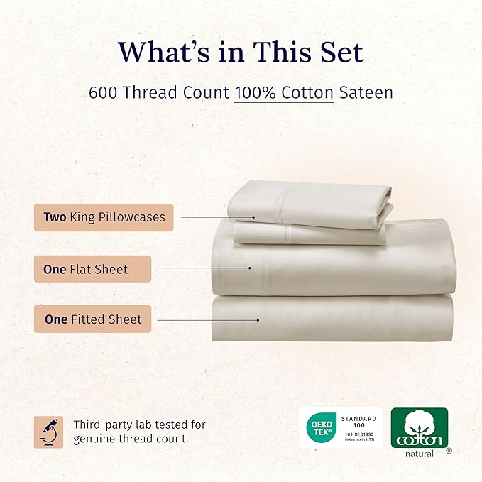 California Design Den California King Sheet Set - 100% Cotton, 600 Thread Count Deep Pocket Cal King Sheet Set, Luxury Soft Hotel-Quality, Sateen Weave - Ivory (Warm Cream)