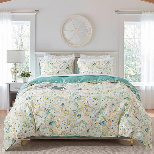 HoneiLife Duvet Cover Queen Size - Cotton Comforter Cover Floral Duvet Cover Sets 3-PC, Wildflower Duvet Cover with Zipper Closure & Corner Ties, Botanical Comforter Cover Sets, Ink-Painting