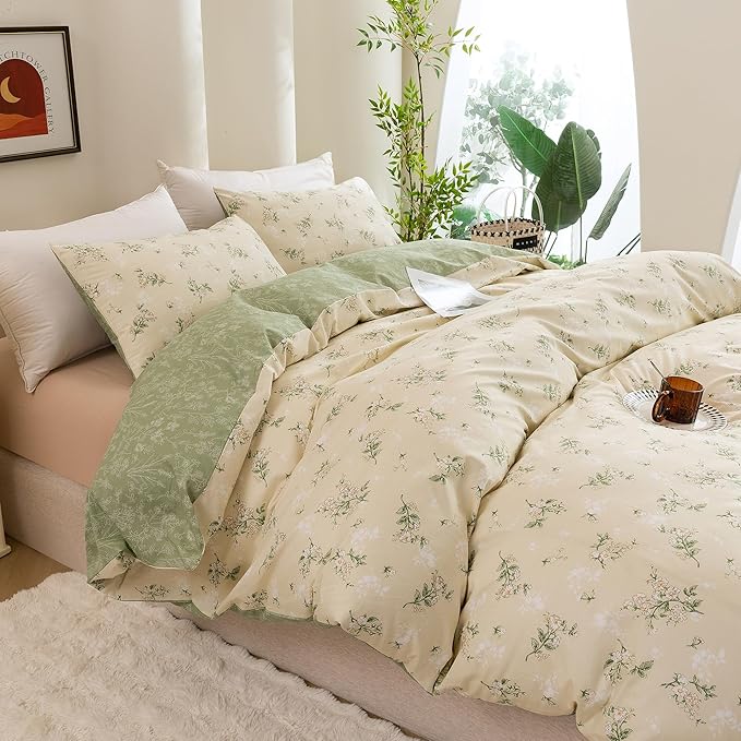 ECOCOTT Duvet Cover Queen Size - Reversible Green Floral Duvet Cover Set, Ultra Soft & Breathable Comforter Cover with Zipper Closure 4 Ties Bedding Set for Girls and Women