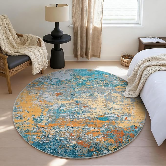 Modern Abstract 6x6 Round Area Rug Non Slip Non Shedding Rug Low Pile Stain Resistant for Bedroom Living Room Office Dining Room,Multi Color