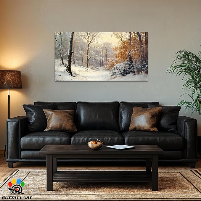 GUTTATY Christmas Winter Scene Canvas Wall Art, Snowy Forest Wall Painting, Warm Light Tree Poster, Winter Canvas Prints for Living Room, Holiday Wall Decor, Hanging Pictures for Bedroom, 24x12 Inch