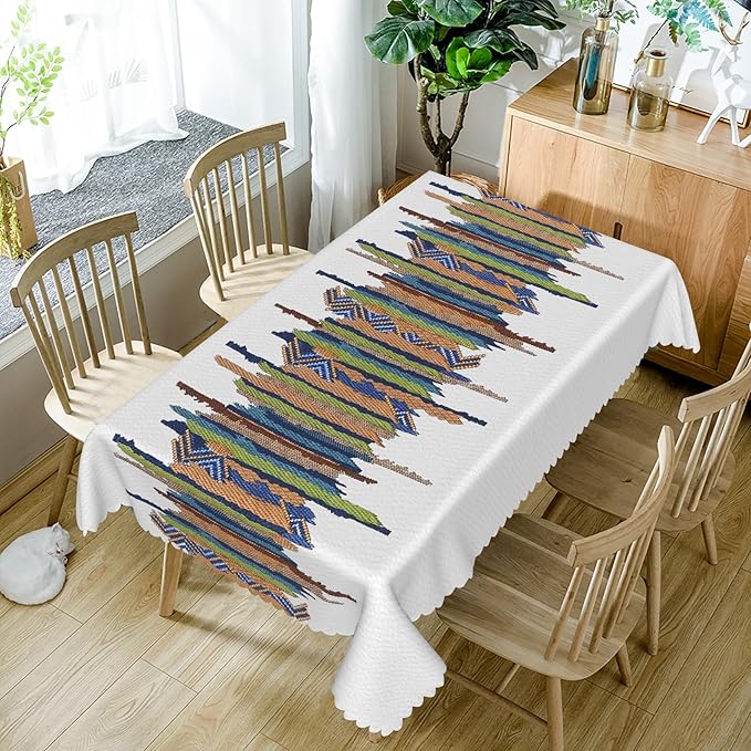 54x86inches Rectangle Tablecloth Bohemian Colorful Striped White Table Cloth Spill Proof and Waterproof Fabric Table Cover for Kitchen Dining Room Cafe Patio Indoor Outdoor Party Supplies