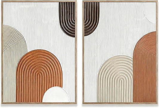 Set of 2 Textured Abstract Line Art Prints – Modern Minimalist Geometric Wall Art in Beige, Brown & Cream Tones, Framed Contemporary Canvas Décor for Living Room, Bedroom, or Office