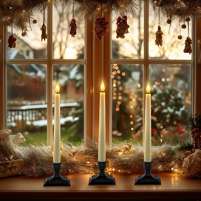 Homemory Wax Window Candles with Remote Timer Dimmer, Battery Operated Candlesticks with Holders, Christmas LED Candlesticks for Window Home Part Decor, 6 Pcs Ivory
